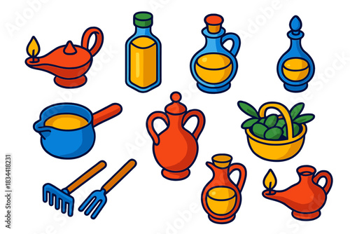 Isometric Oil Illustrations. Isometric vector illustration set Oleology: oil lamps lit, jars of olive oil, ritual anointing
