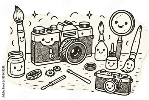 Vintage Camera Workshop. Charming doodle art of vintage camera repair table with joyful brushes, oils, and magnifying glasses