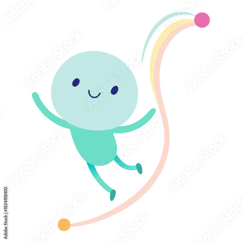Joyful character leaping with colorful ribbon and orbs