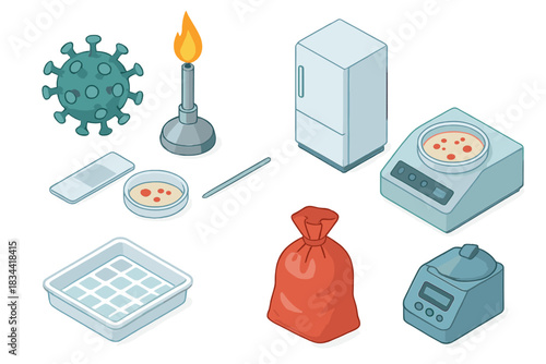 Microbiology Lab Tools. Isometric vector illustration set of Microbiology lab: virus particle model, Bunsen burner, lab fridge.