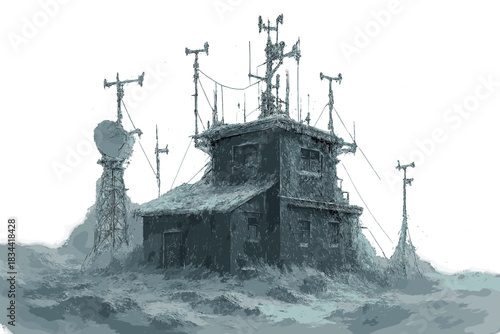 Snowy Weather Station. a rugged weather research station surrounded by swirling snow and sensor antennas, slate and frost palette,