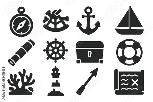 Maritime Exploration Icons. Solid style icons of Maritime Exploration: compass, sextant, anchor, sailboat, spyglass, ship wheel,