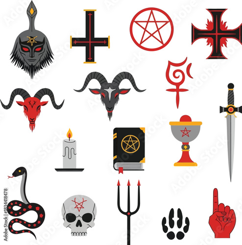 Collection of satanic and occult symbols with baphomet goat head pentagram and inverted cross for black magic ritual and evil halloween witchcraft design concepts.