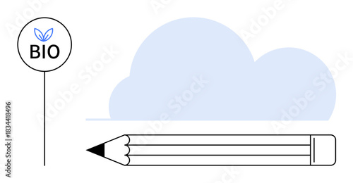 Eco consciousness, green products, education, creative design, bio branding, sustainability. Bio label, cloud and pencil in a clean layout. Eco consciousness and green products concept