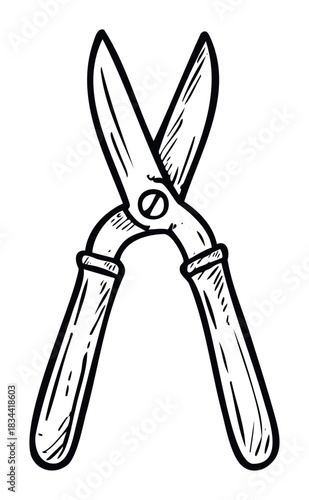A graphic depiction of garden shears in a handdrawn style. Useful for illustrating gardening, tools, or DIY themes.