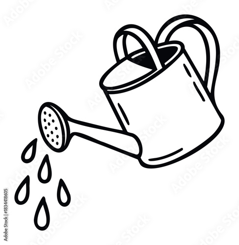 A simplified line drawing of a watering can actively dispensing water droplets, ideal for gardening themes, hydration concepts, or home care graphics.