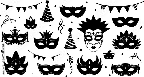 Collection of Carnival Masks and Party Decorations for Festive Celebrations