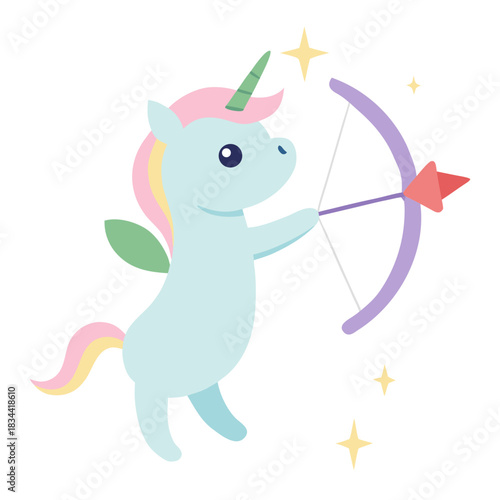 Cute unicorn archer with bow and arrow surrounded by stars