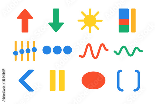 Prosody Icon Set. Flat vector icons of prosody: rising intonation arrow, falling intonation arrow, stress symbol, pitch range bar,