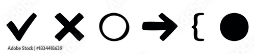Collection of bold, graphic symbols like a check, x, circle, arrow, and brackets for signifying choices or progress in presentations and interfaces.