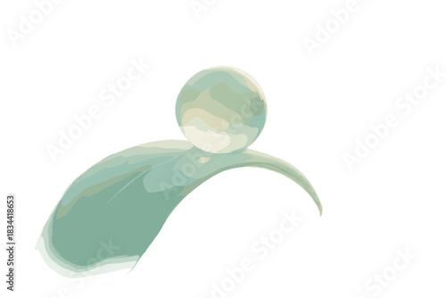 Morning Dew Balance. a single dewdrop balancing on a stretching leaf tip glowing with soft morning light, mint and pearl palette,