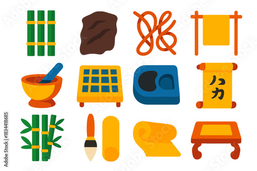 Ancient Papermaking Icons. Flat vector icons of ancient Chinese papermaking: bamboo strips, mulberry bark, hemp fibers, mortar and