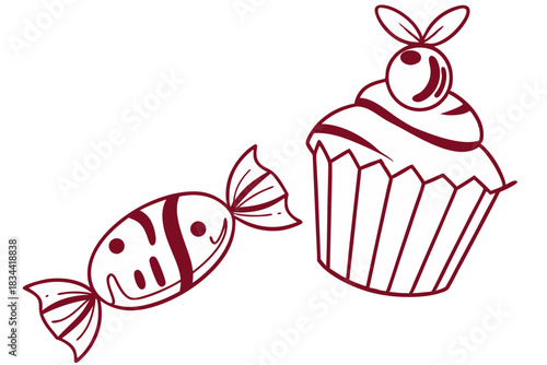 Minimal Line Drawing of Sweet Candy and Muffin Cake Dessert Illustration Isolated