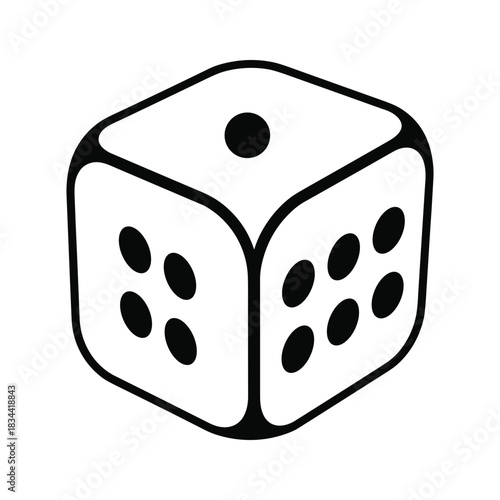 Black and white illustration of a single six-sided die showing dots dice cube