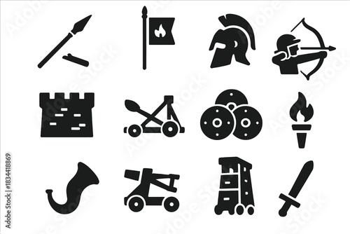 Ancient Battlefield Icons. Solid style icons of Ancient Battlefields: Broken Spear, War Banner, Fallen Helmet, Catapult, Fortress