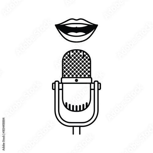 Black and white illustration of open mouth and vintage microphone lips speaking