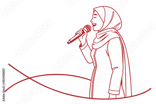 Elegant Line Drawing of Muslim Woman Singing Holding Microphone Creative Vector Artwork