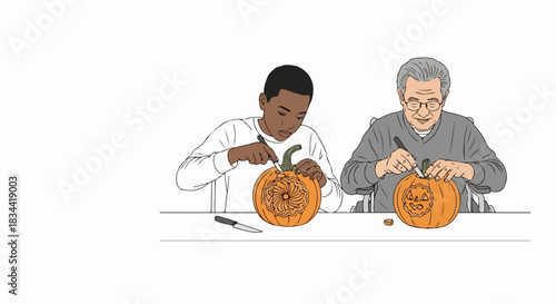 Grandfather and grandson carving pumpkins for Halloween create lasting memories. Halloween pumpkin carving is a cherished activity shared between generations, embodying tradition and togetherness.
