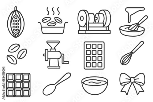 Chocolate Making Icons. Line style icons of Chocolate Making: Cacao Pod, Roasting, Conching Machine, Tempering; Cocoa Beans,