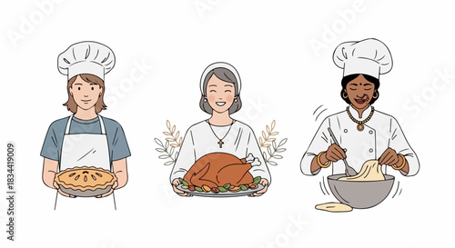 Diverse chefs in traditional hats holding seasonal dishes and preparing pastry represents culinary arts. These diverse chefs are portrayed holding a pie, roasted bird, and mixing dough,