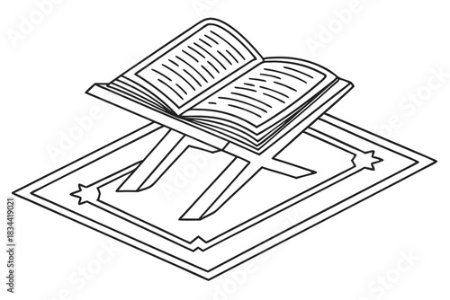 Minimal Line Drawing of Open Quran Holy Book on Mat Islamic Religious Illustration