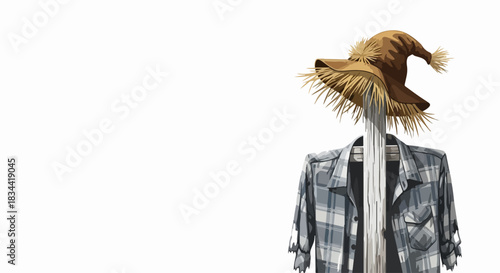 Scarecrow against a plain white backdrop, ideal for spooky season, with hat and shirt hanging on vertical post. Scarecrow, a harvest symbol, brings to mind autumn season and Halloween festivities.