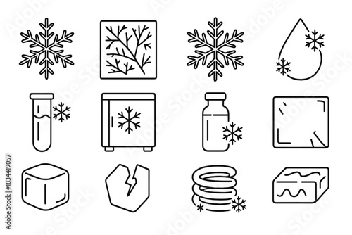 Frozen Elements Icons. Line style icons of frozen materials: ice crystal, frost pattern, snowflake, frozen droplet; frosted tube,