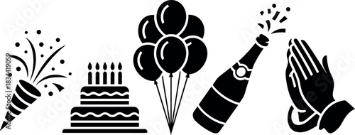 Black celebration icons confetti cake balloons champagne praying hands