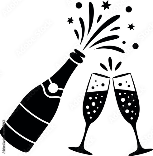 Black champagne bottle spraying into two clinking glasses