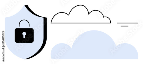 Cloud security concept. Shield lock secure access, data protection in cloud environments, and preventing data breaches. For cybersecurity, cloud storage, online safety, tech applications, data