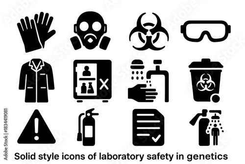 Genetics Lab Safety Icons. Solid style icons of laboratory safety in genetics: protective gloves, safety mask, biohazard sign, eye