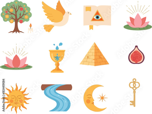 Collection of colorful spiritual and religious symbols with tree of life dove holy book with eye and mystical items for ancient magic and esoteric ritual concepts.