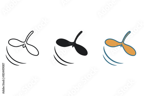 Whirling Maple Seed. Single maple seed spinning in air with curved motion lines and soft downward arc, first in line style with