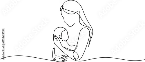 Continuous line drawing of mother holding baby embrace