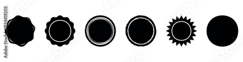 A variety of black seal and stamp shapes, perfect for adding unique accents and borders to branding and design work.