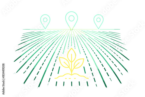 Precision Planting Guide. a glowing precision planting guide showing neat crop rows aligned with digital markers, mint and gold