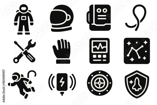 Astronaut Gear Icons. Solid style icons of Astronaut experience: space suit, helmet visor, oxygen pack, tether line, floating