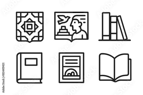 Geometric Codex Patterns. Icons for: a geometric codex pattern, a linear manuscript mural, a minimalist book wall design, an