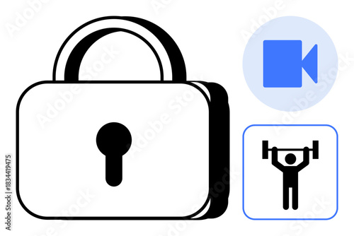 Digital security, privacy, virtual interaction, video communication, remote work, fitness tracking. Lock symbol with video and fitness icons. Digital security and privacy concept