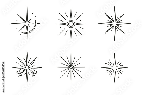 Line Style Icons. Line style icons of personalized flashes in etchings: delicate shine, engraved star, glowing cut, ornate gleam,