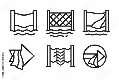Fabric Water Gate Icons. Icons for: fabric waypoint water gates, cloth-textured flow stops, layered weave barriers, draped current