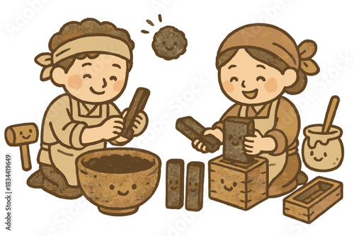 Artisan Crafting Delight. Adorable doodle scene of cheerful artisans shaping ink sticks from soot and glue while happy tools and
