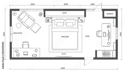 King Bed Hotel Room Floor Plan Blueprint vector illustration