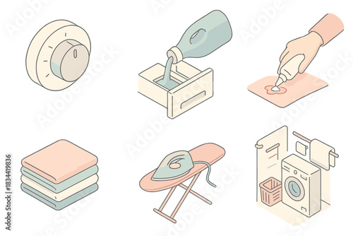 Laundry Essentials Icons. Isometric vector illustration set of laundry essentials: washer control knob for cycle choice, detergent