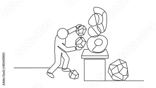 Person assembling abstract sculpture from geometric shapes