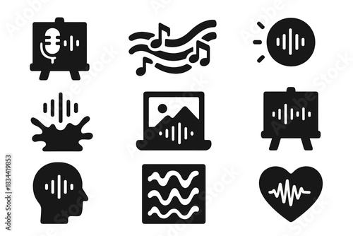 Sound-Driven Artistic Icons. Solid style icons of emotion and sound fusion: canvas with voice-reactive light, sonic brushstroke