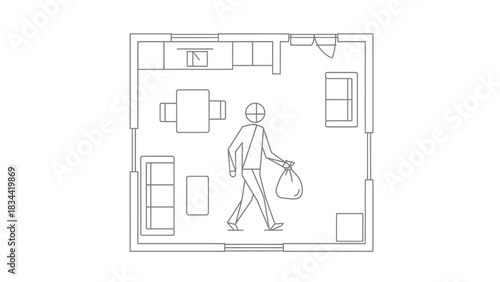 Person Carrying Trash Bag in Apartment Floor Plan layout