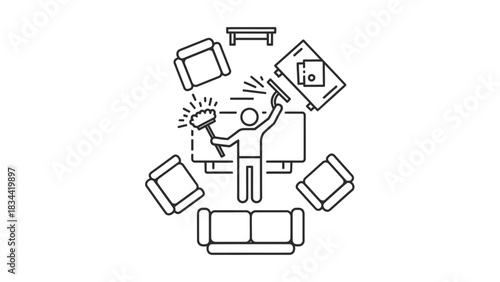 Person cleaning room with furniture icon vector illustration