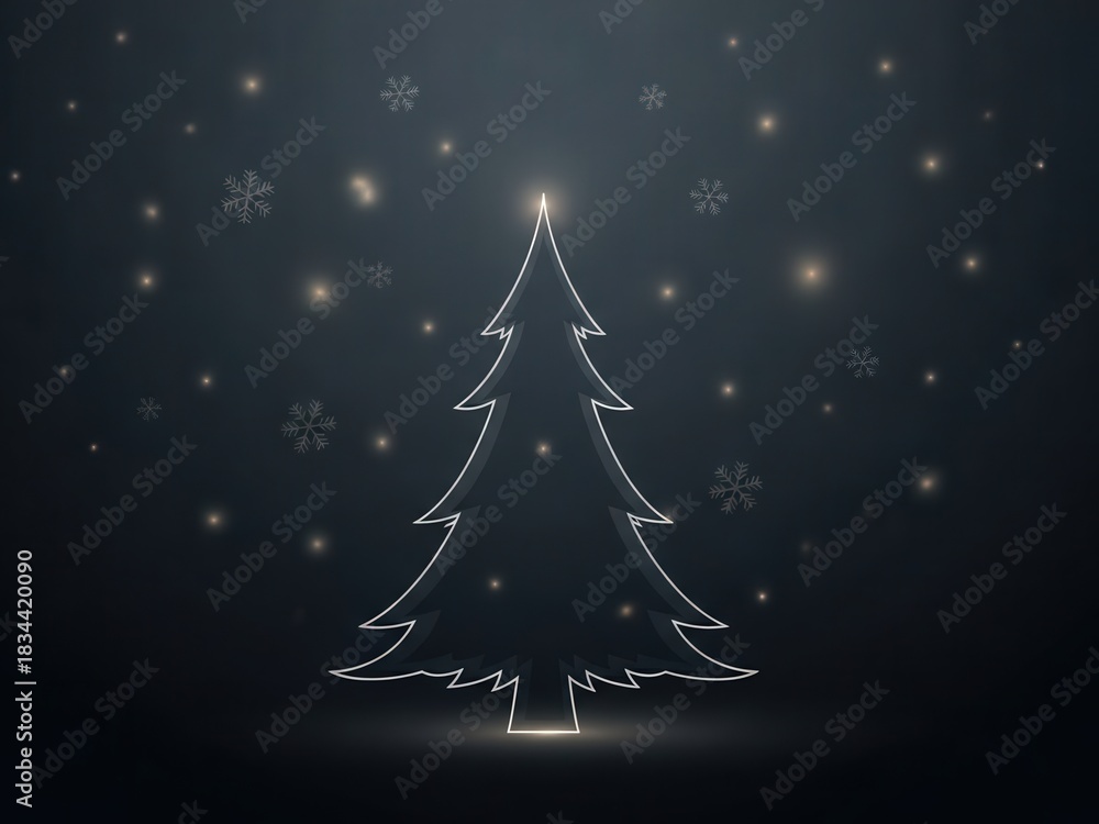 Obraz premium Glowing christmas tree outline with falling snowflakes and bokeh lights on dark background