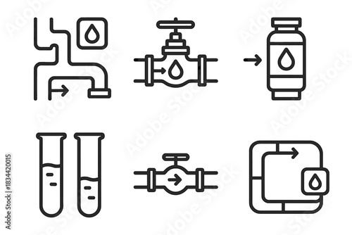 Flow Control Icons. Icons for: navigated reservoir pipes, controlled water passageways, guided current cylinders, precise liquid